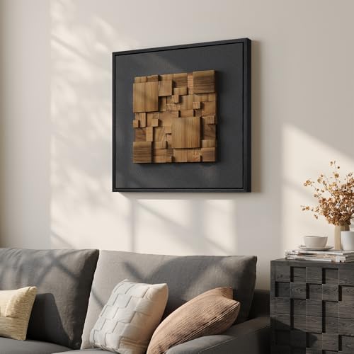 Framed 3D Textured Wood Wall Art for Living Room, Abstract Geometric 20x20 - color: Black and Walnut-B, size: 20"L x 20"W