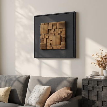 Framed 3D Textured Wood Wall Art for Living Room, Abstract Geometric 20x20 - color: Black and Walnut-B, size: 20"L x 20"W