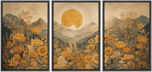 wall26 Framed Print Wall Art Set Boho Sunflower Mountain Vintage Yellow Floral and LandscapeDecorative Minimal Relax/Zen for Living Room, Bedroom, Office - 16"x24"x3 Black - color: A18-2604-m09, size: 16" x 24" x 3 Panels BLACK