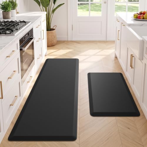 HappyTrends 2 PCS Kitchen Mat Cushioned Anti-Fatigue Floor Mat, Heavy Duty - color: Black, size: 17.3"x28"+17.3"x47"