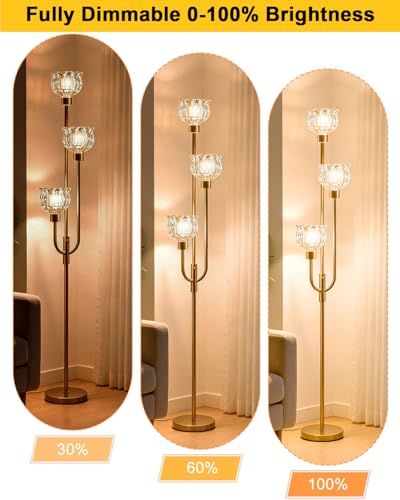 3-Light Glass Floor Lamp 66IN Modern Amber Glass Gold Dimmable Floor Lamps - color: Amber Tulip-Gold