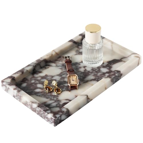 Natural Calacatta Viola Marble Tray 10"x6" Rectangular - Non-Resin Bathroom Vanity Organizer & Office Desk Tray | Waterproof Stone Serving Platter for Jewelry/Perfume (Purple Portoro) - style: Calacatta Viola - 1 Pack
