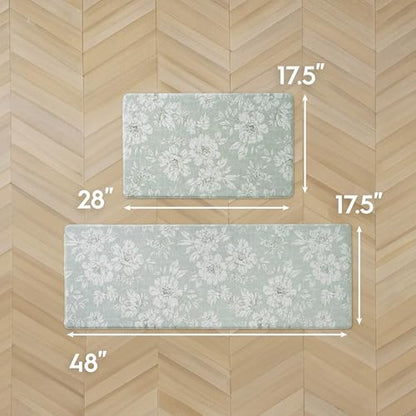 Laura Ashley - Anti-Fatigue Kitchen Mat, Iris Floral Design, Stain, Water & Fade Resistant, Cooking & Standing Relief, Non-Slip Backing, 2 Piece Set, Sage Green Iris - color: Sage Green, size: 48"L x 17.5"W / 28"L x 17.5"W