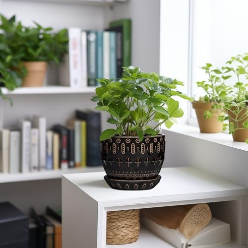 G EPGardening Ceramic Pot for Plants 5.5 Inch - Ceramic Plant Pot Indoor with Drainage Hole and Saucer, Round Boho Planter for Indoor Plants Outdoor, Housewarming Gifts, Garden Office Decor, Black - color: Columnar Black