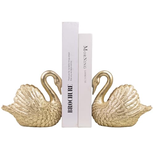 Swan Decorative Bookends,Resin Book Ends for Shelves,Unique Gold Book Holders,Heavy Duty Swan Decor for Home Office Desk Bookshelf,Set of 2,Gifts for Anniversary - color: Gold