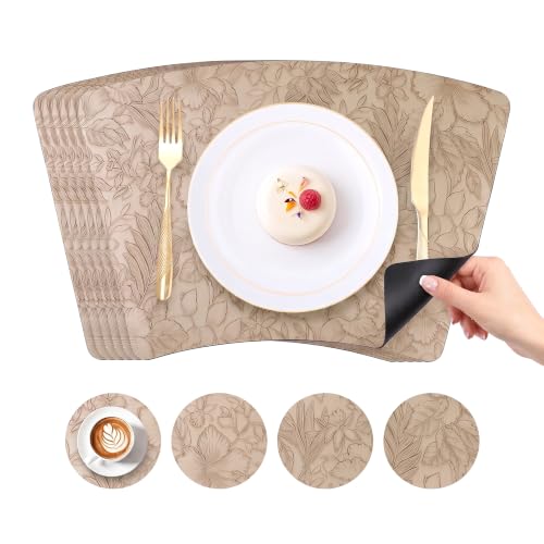 Faux Leather Set of 6, Placemats with Carving Floral Design - color: Apricot