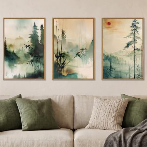 Celestdeco Chinoiserie Landscape Framed Canvas Wall Art Set-16"x24"x3 - color: Chinoiserie Wall Art, size: 16"L x 24"W