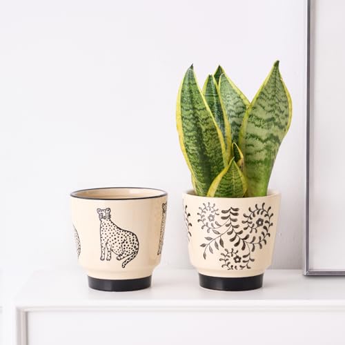 STHIE Indoor Ceramic Plant Pots with Drainage Holes, 5 Inch, Leaf Design - color: Beige-rattan