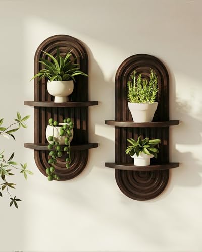 Bamworld Boho Wall Decor Plant Wall Shelf Wood Plant Holder Walnut 2PCS - color: Walnut, size: 16.7''-2 Pcs