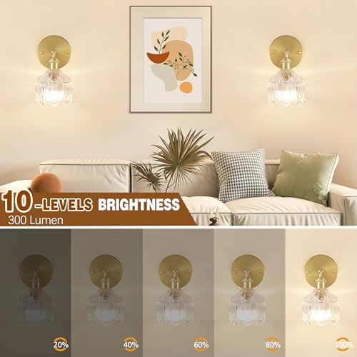 Battery Operated Wall Sconces Set of 2, Clear Tulip Glass Wall Lights | Rechargeable flower wall lamps with remote control, 15 colors, 10-level dimming and timer for bedroom and living room - color: Clear