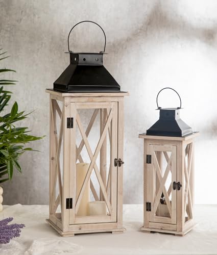 TIMRIS Large Wooden Candle Lanterns Decorative Set of 2, Rustic Farmhouse Whitewash Floor Lanterns, Indoor/Outdoor Hanging Lanterns for Home Decor (No Glass) - color: Whitewash 2