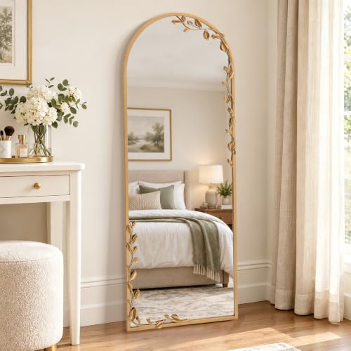 Besdomus Arched Full Length Mirror: 21"x56" Ornate Brass Gold Floor Mirror - size: 21"L x 56"W