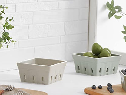 ONEMORE Ceramic Berry Basket, Square Fruit Bowls, Rustic Stoneware Berry Colander Set of 2, 5.7 inch, Gray & Light Green - color: Gray & Light Green