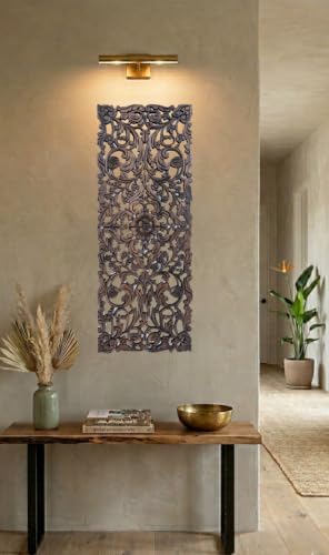 Large Carved Wood Floral Wall Panel. Tropical Asian Home Decor in Dark Brown Finish, Size 35.5"x13.5"