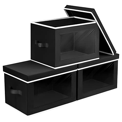Homsorout Storage Boxes with Lids, Collapsible Storage Bins with Handles, Closet Storage Baskets with Window, Fabric Storage Containers for Organizing Clothes, Towels, Books, 3 Packs, Black - color: Black, size: L(3-Pack)