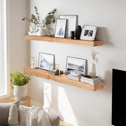Solid Wood Floating Shelves, 36 Inch Wall Shelves, Set of 2, Oak - color: Oak, size: 36x8x1.6
