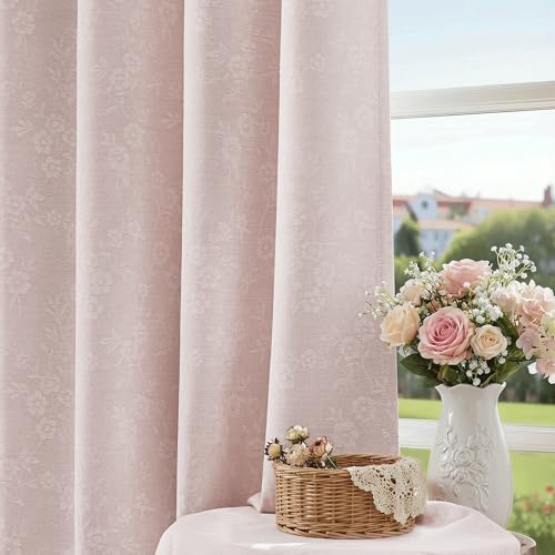 Beauoop Pink Floral Jacquard Blackout Curtains for Bedroom 52x63 2 Panels - color: Pink, size: 52"W x 63"L (Pack of 2)