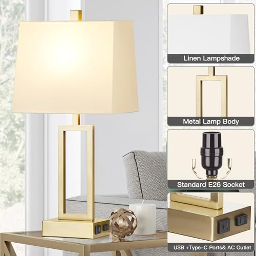 Lolikit 23.5" Touch Control Table Lamps, Metal Bedside Lamp for Bedroom Set of 2 with USB A+C Ports & AC Outlet, 3-Way Dimmable Nightstand Lamp for Living Room (LED Bulb Included) - color: Gold - 23.5"H