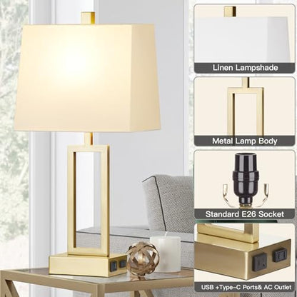 Lolikit 23.5" Touch Control Table Lamps, Metal Bedside Lamp for Bedroom Set of 2 with USB A+C Ports & AC Outlet, 3-Way Dimmable Nightstand Lamp for Living Room (LED Bulb Included) - color: Gold - 23.5"H