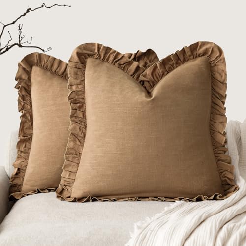 Foindtower Linen Fringe Ruffle Throw Pillow Covers 18×18 Inch Orange Brown - color: Hazel, size: 18" x 18" (Pack of 2)