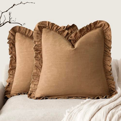 Foindtower Linen Fringe Ruffle Throw Pillow Covers 18×18 Inch Orange Brown - color: Hazel, size: 18" x 18" (Pack of 2)