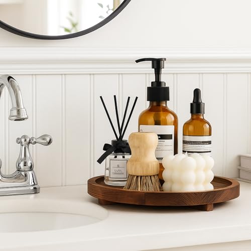 12“ Large Round Wooden Tray for Bathroom Counter Kitchen Decor Lazy Susan - color: Dark Brown, size: 12"