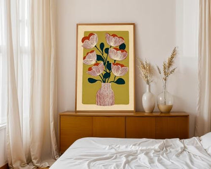 Abstract Floral Wall Art Red Stripes Vase Wall Art 16x24 inch Unframed - color: Red flower, size: 16L" x 24W"