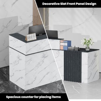 62.9"Reception Desk with Vertical Slat Panels for Office, Salon & Lobby - color: White Marble/Blue-gray Marble, size: 62.9''L x 23.6''W x 39.3''H