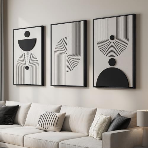 3D Large Framed Black and White Abstract Wall Art for Living Room, 3 Piece - color: Black and White E, size: 24"w X 36"h X 3pcs