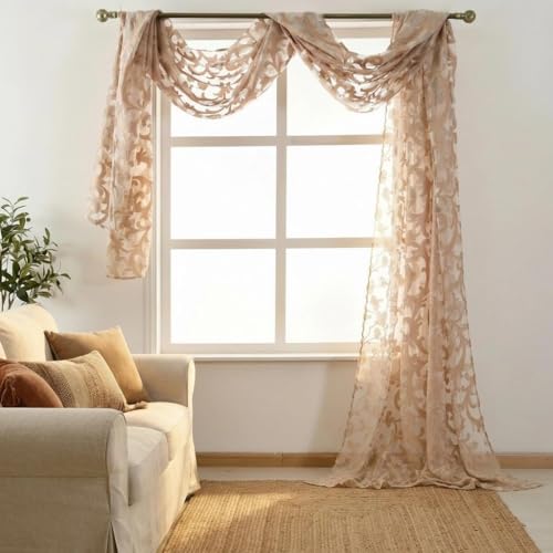NAPEARL Beige Window Scarf Valance, European Style Jacquard Decorative Sheer Curtain Scarf for Wedding Arch, Tan Sheer Bed Canopy Curtain, Headboard, Gazebo, 1 Panel Wedding Farmhouse French Country - color: Beige, size: 54"W x 216"L (Pack of 1)