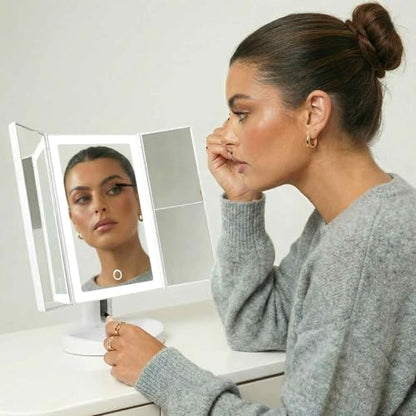 Fancii LED Lighted Vanity Makeup Mirror, Rechargeable Trifold Mirror with 5X & 10x Magnifications - 68 Dimmable Natural Lights, Touch Screen, Best Adjustable Make Up Mirror with Cosmetic Stand