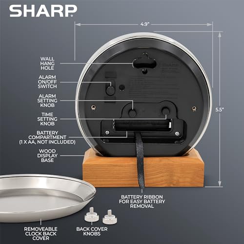 Sharp Silent Sweep Non-Ticking Analog Alarm Desk Metal Clock, Wood Stand