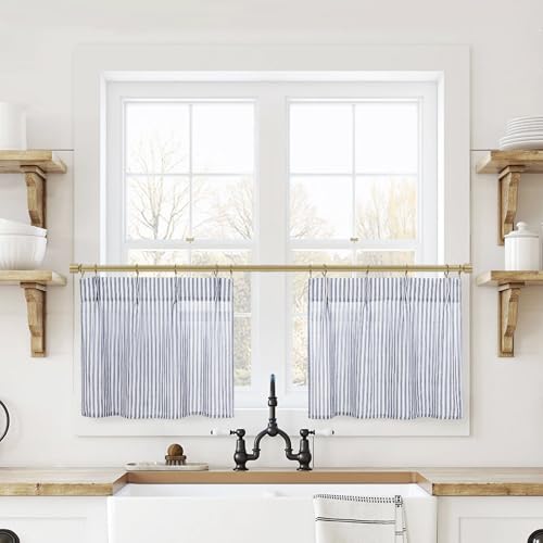 Lino Rosa Small Window Curtains for Bathroom,Navy Blue and White,18 Inch Length - color: Navy Blue, size: 24"W x 18"L (Pack of 2)