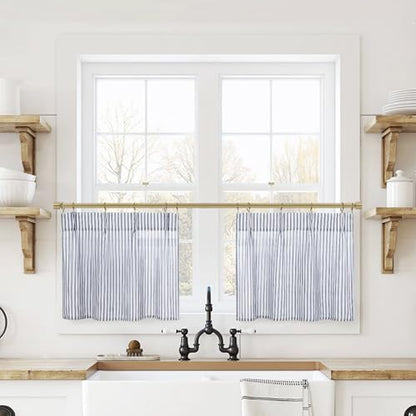 Lino Rosa Small Window Curtains for Bathroom,Navy Blue and White,18 Inch Length - color: Navy Blue, size: 24"W x 18"L (Pack of 2)