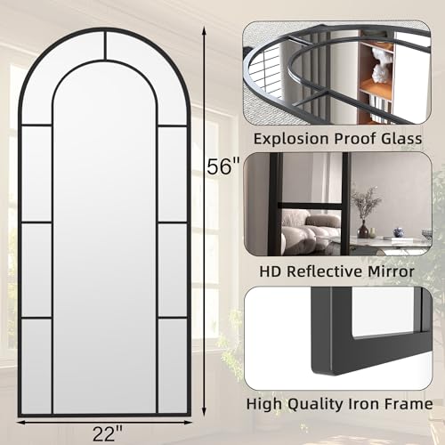 Arched Full Length Mirror, 56"x22" Large Window Floor Mirror, Farmhouse Pane Mirrors with Metal Framed, Full Body Wall or Leaning Mirrors for Bedroom, Living Room (Black) - color: Antique Mirror-black, size: 56"L x 22"W