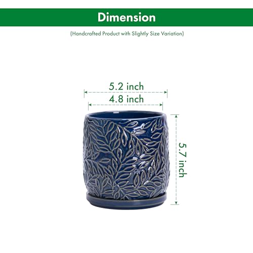 D'vine Dev Embossed Leaves Ceramic Planter, 5 in, Midnight Blue, 27-A-V-3 - color: Midnight Blue, size: 5 Inch
