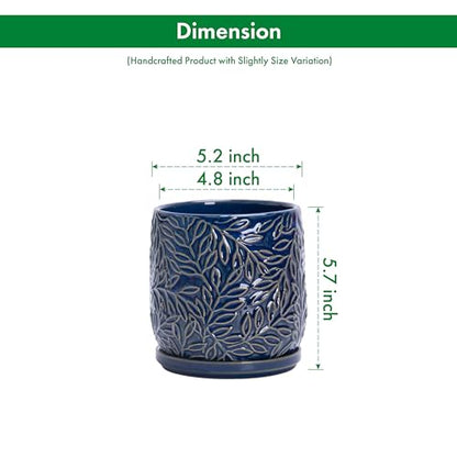 D'vine Dev Embossed Leaves Ceramic Planter, 5 in, Midnight Blue, 27-A-V-3 - color: Midnight Blue, size: 5 Inch