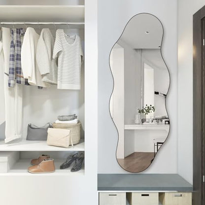 QDSSDECO 63" x 24" Full Length Mirror Irregular Wavy Mirror, Frameless - color: Cloud-2