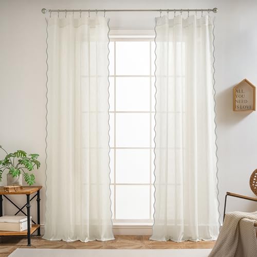 DriftAway Semi Sheer Scalloped Edge Linen Coastal Beach Window Curtains for Living Room Bedroom 2 Panels Rod Pocket Each Size 52 Inch by 96 Inch Gray - color: Linen Gray, size: 52"W x 96"L (Pack of 2)