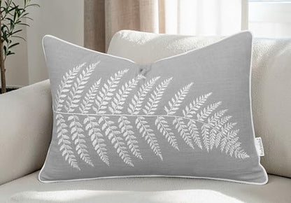 Rudransha Botanical Fern Leaf Embroidery Lumbar Pillow Cover - 12x18 Light Grey Cotton - color: Light Grey-ferny, size: 18" x 12" (Pack of 1)