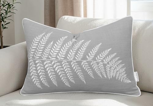 Rudransha Botanical Fern Leaf Embroidery Lumbar Pillow Cover - 14x24 Light Grey Cotton - color: Light Grey-ferny, size: 24" x 14" (Pack of 1)