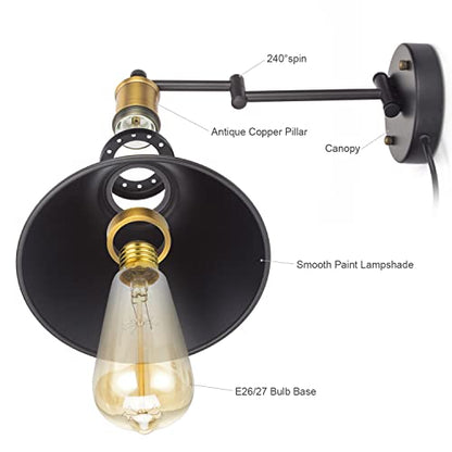 Swing Arm Wall Lamp Plug-in Cord Industrial Wall Sconce, Bronze and Black Finish,with On/Off Switch, E26 Base,1-Light Bedroom Wall Lights Fixtures,Bedside Reading Lamp - size: 1-Pack