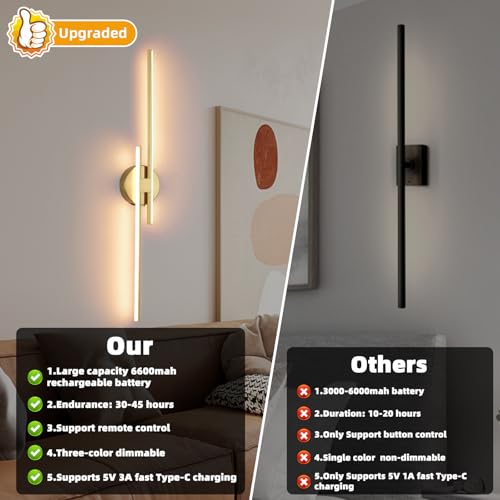 Battery Operated Wall Sconce Set of 2,Gold 31.4" 3000K-6500K LED Dimmable Wall Sconces with Remote Control,Wireless Wall Light USB Rechargeable for Bedroom Hallway Living Room Background Wall Lighting - color: Gold, size: 31.4" 2-Pack