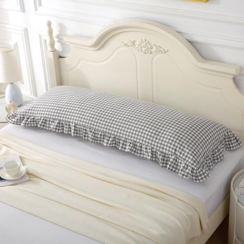 Silnuo Grey/White Plaid Ruffled Body Pillow Sham 1 Piece Washed Cotton Shabby Checkered Gingham Pillow Cover 20"x54" - color: Grey/White Plaid, size: Body Pillow (20" x 54") - 1 Piece