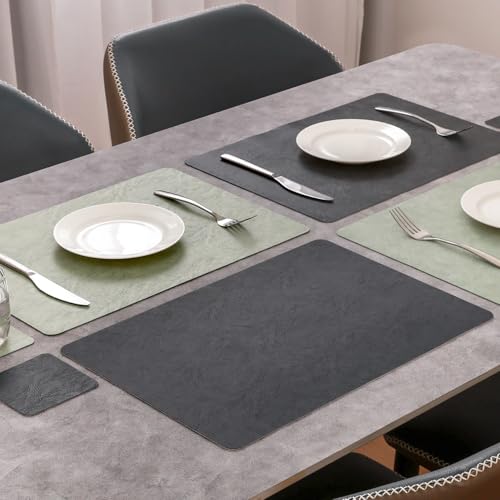 Vinyl Placemats Set of 6, Dual Sided Place Mats with Drink Coasters - color: Sage Green/Dark Gray Two-tone, size: Set of 6