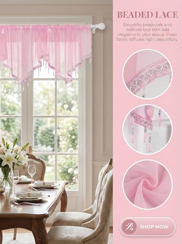 Molaxhome Swag Curtain Scalloped Curtain Valance Drape Sheer Lace Panel 1pc - color: Pink