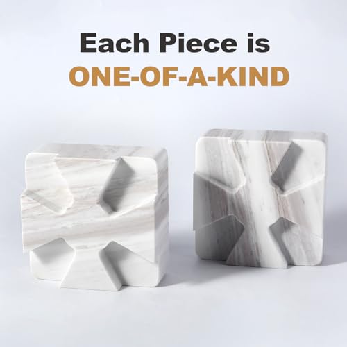 Decorative Square Marble Bookends for Heavy Books – Unique Book Ends for Shelves – Modern Aesthetic Book Holder/Stopper with Non-Slip Pads for Chic Home, Office, or Library Decor, Volakas - style: Square-Volakas