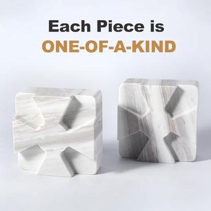 Decorative Square Marble Bookends for Heavy Books – Unique Book Ends for Shelves – Modern Aesthetic Book Holder/Stopper with Non-Slip Pads for Chic Home, Office, or Library Decor, Volakas - style: Square-Volakas
