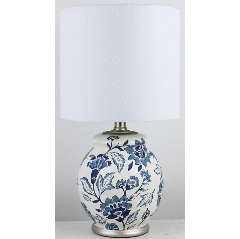 Floral Ceramic Table Lamp, Exclusive Blue and White Floral Ceramic Base Design, Includes Clean White lamp Shade