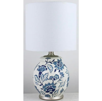Floral Ceramic Table Lamp, Exclusive Blue and White Floral Ceramic Base Design, Includes Clean White lamp Shade